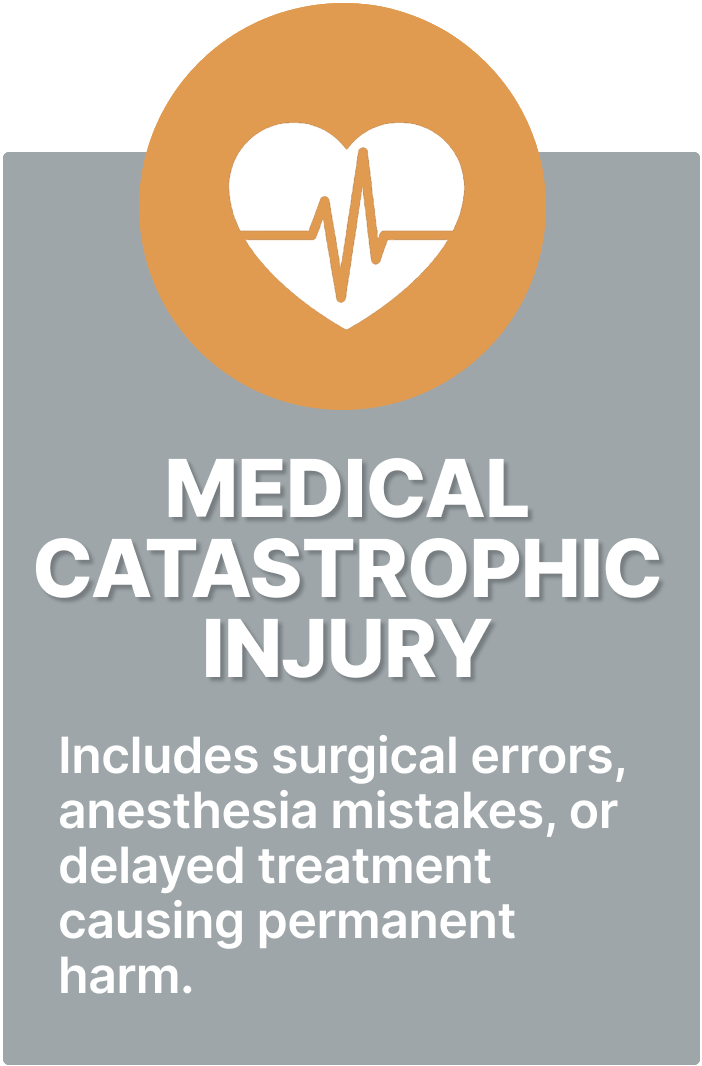 Graphic illustrating common types of medical catastrophic injuries and showing a heartbeat icon